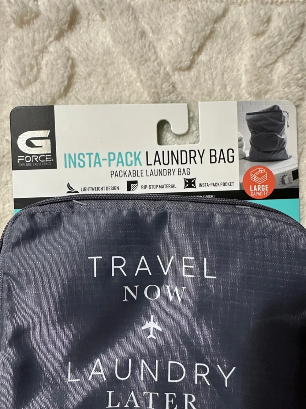 GFORCE Gray White “Travel Now Laundry Later” Zip Foldable Travel Laundry Bag